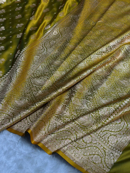 Mehendi Green Floral Unique Boota Satin Katan Silk Saree SK73