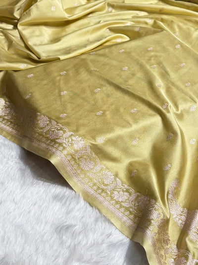 Banarasi Pastel Yellow Shades Floral Mashru Silk Saree MCS88