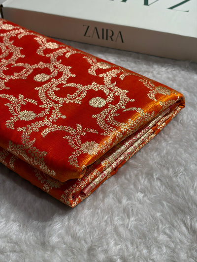 Fire Gold Contrast Shades Jaal Pattern Banarasi Satin Silk Saree SS47