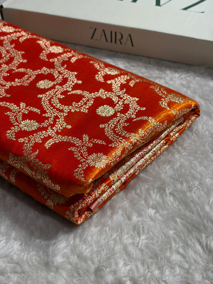 Fire Gold Contrast Shades Jaal Pattern Banarasi Satin Silk Saree SS47