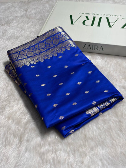Royal Blue Booti Pattern Satin Katan Silk Saree SK51