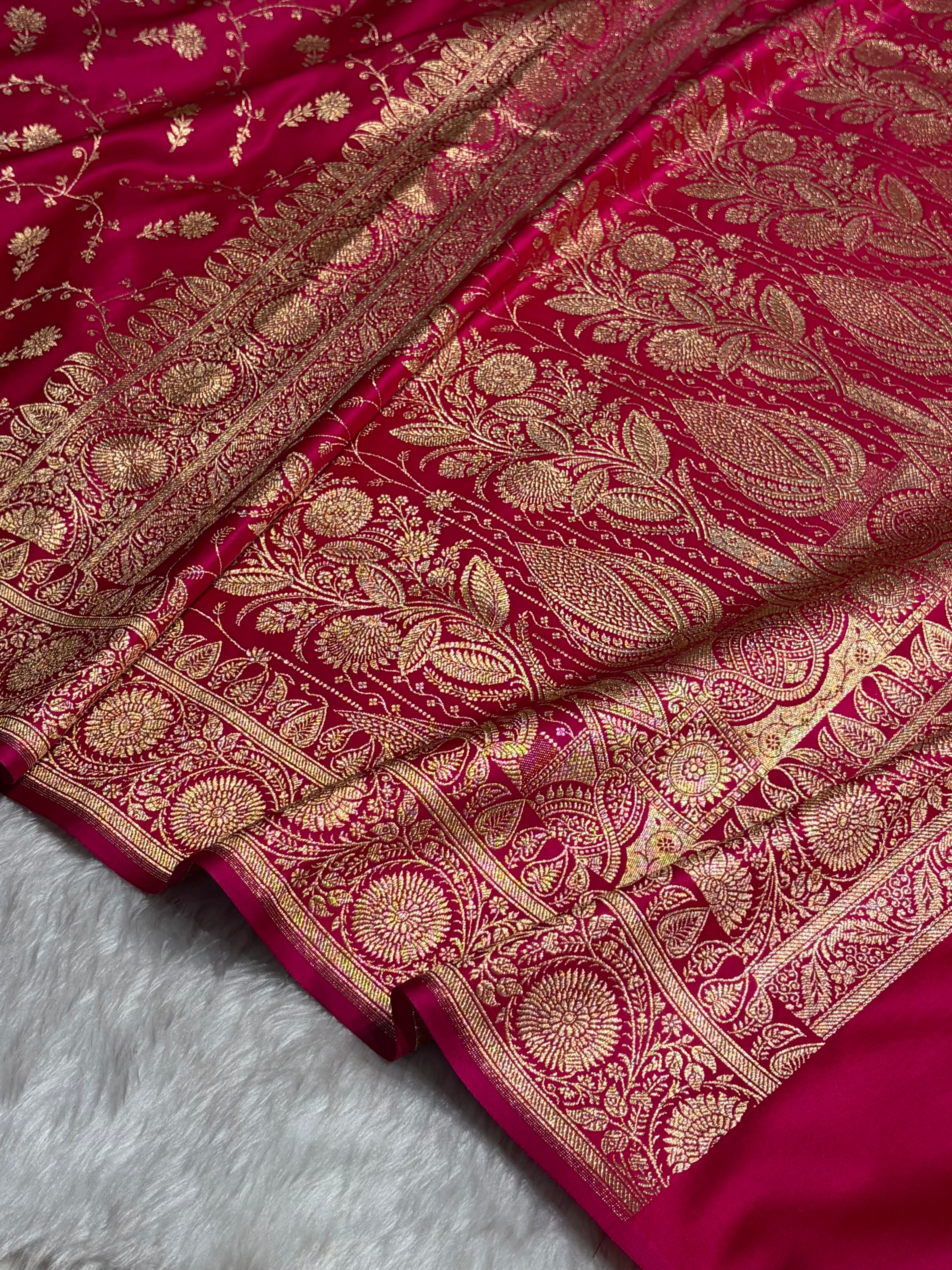 Cross Rani Shades Jaal Floral Pattern Satin Katan Silk Saree SK81
