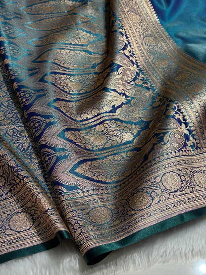 Peacock Shades Brocket Satin Silk Saree Banarasi Saree Shades SS30