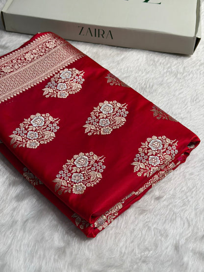 Premium Banarasi Satin Katan Saree With Minakari Boota in Red Shades SK93