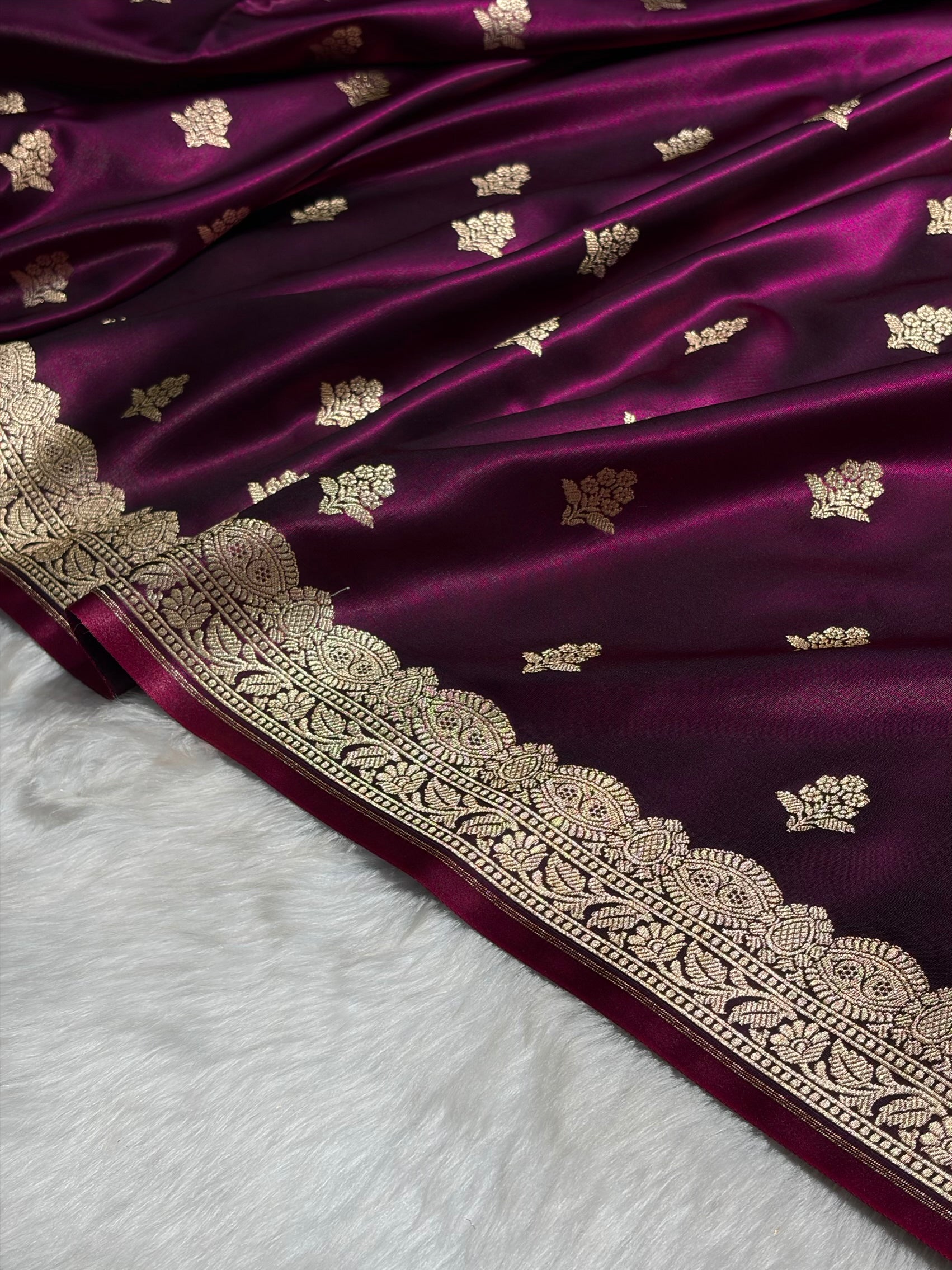 Light Wight Satin Silk Boota in Wine Shades with brocade Blouse SS07