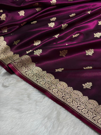 Light Wight Satin Silk Boota in Wine Shades with brocade Blouse SS07