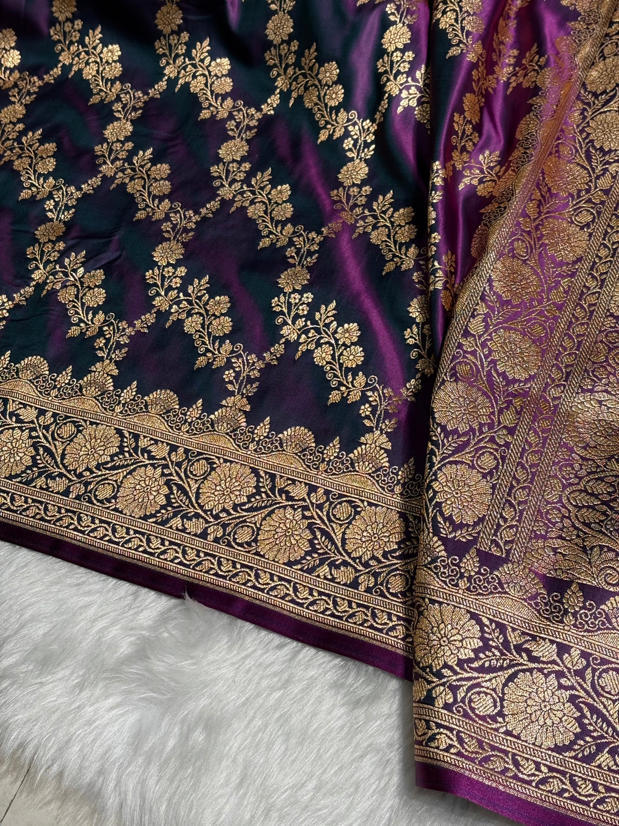 Purple Floral Jaal Pattern Satin Katan Silk Saree SK43