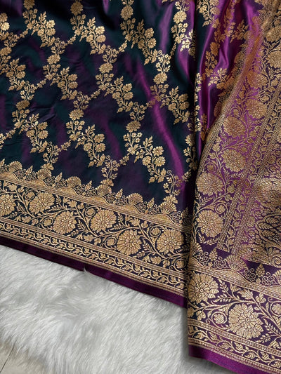 Purple Floral Jaal Pattern Satin Katan Silk Saree SK43