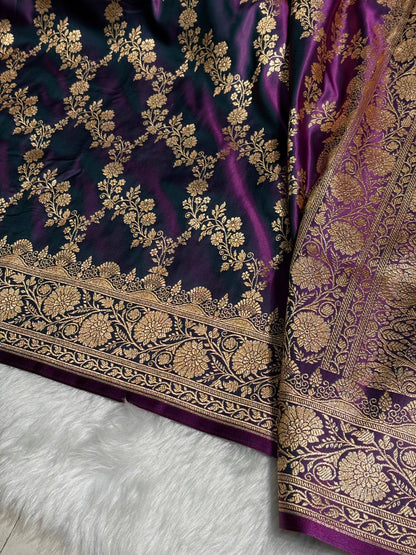 Purple Floral Jaal Pattern Satin Katan Silk Saree SK43