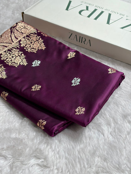 Dark Wine Shades Banarasi With Floral Border Mashru Silk Saree MSM-126