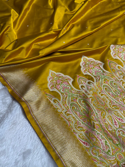 Lemon Mehendi Booti Pattern Satin Katan Silk Saree SK56