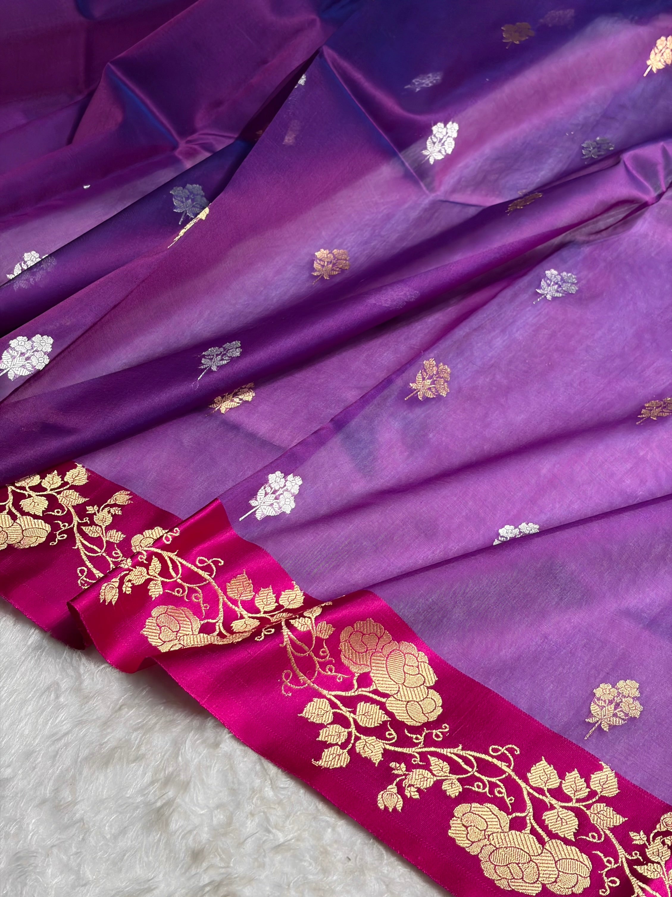 Contrast Pure Banarasi Organza Purple With Rama Floral Banarasi Silk Saree PO-13