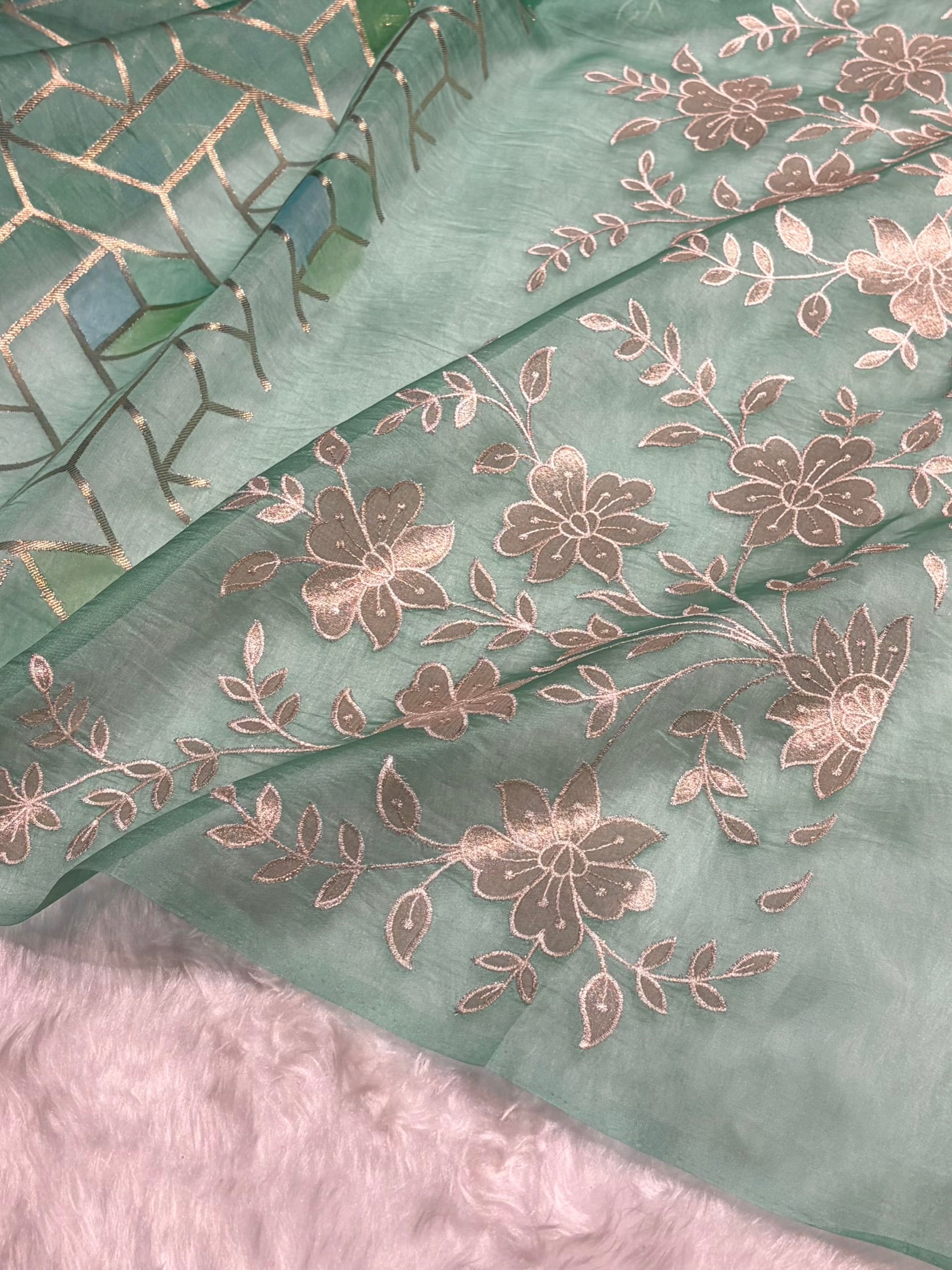 Pure Organza Rangkat Turquoise Floral Border Banarasi Silk Saree PO-07