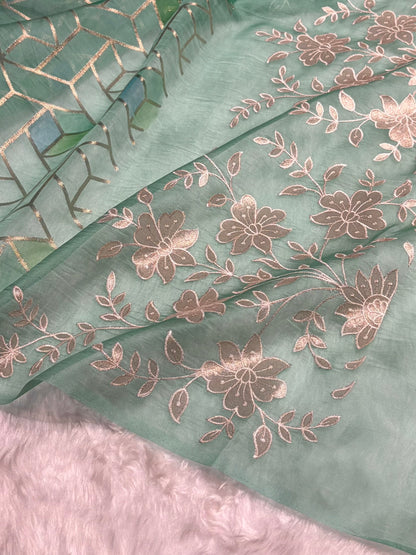 Pure Organza Rangkat Turquoise Floral Border Banarasi Silk Saree PO-07