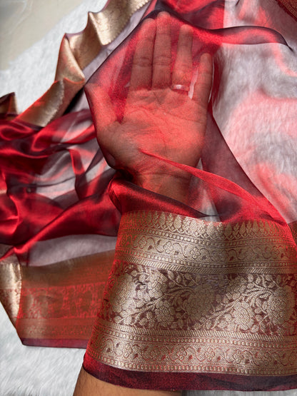 Cross Red Shades Pure Tissue Silk Saree with Brocade Blouse PT-08