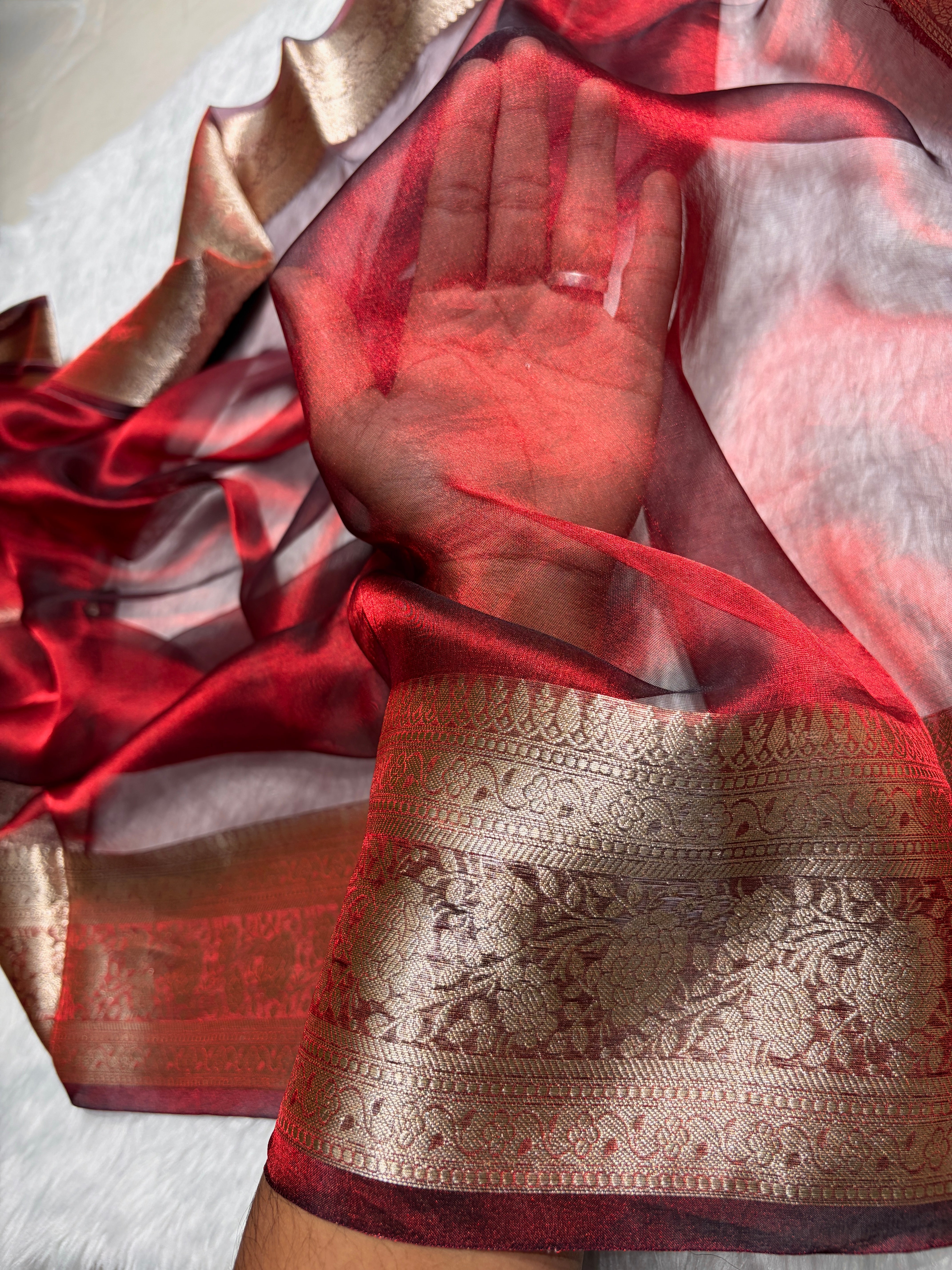 Cross Red Shades Pure Tissue Silk Saree with Brocade Blouse PT-08