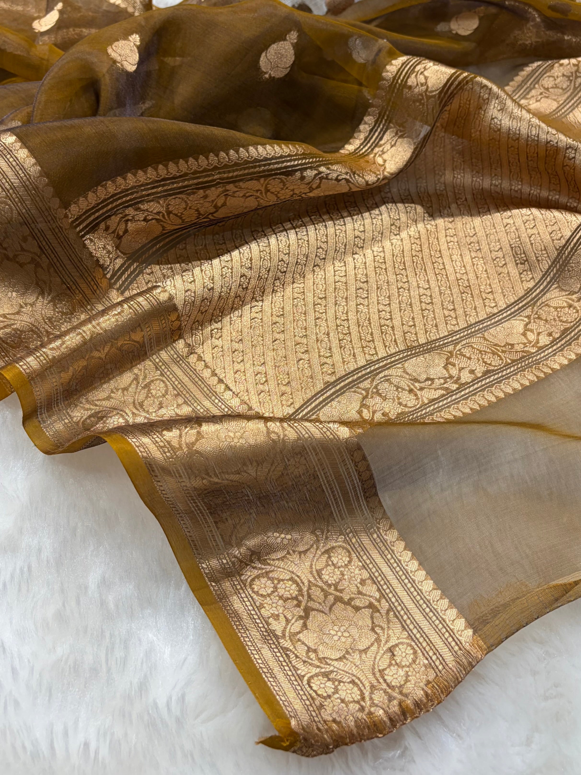 Dark Mustard Bananasi Floral Shades Pure Tissue Silk Saree PT-38