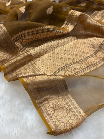 Dark Mustard Bananasi Floral Shades Pure Tissue Silk Saree PT-38