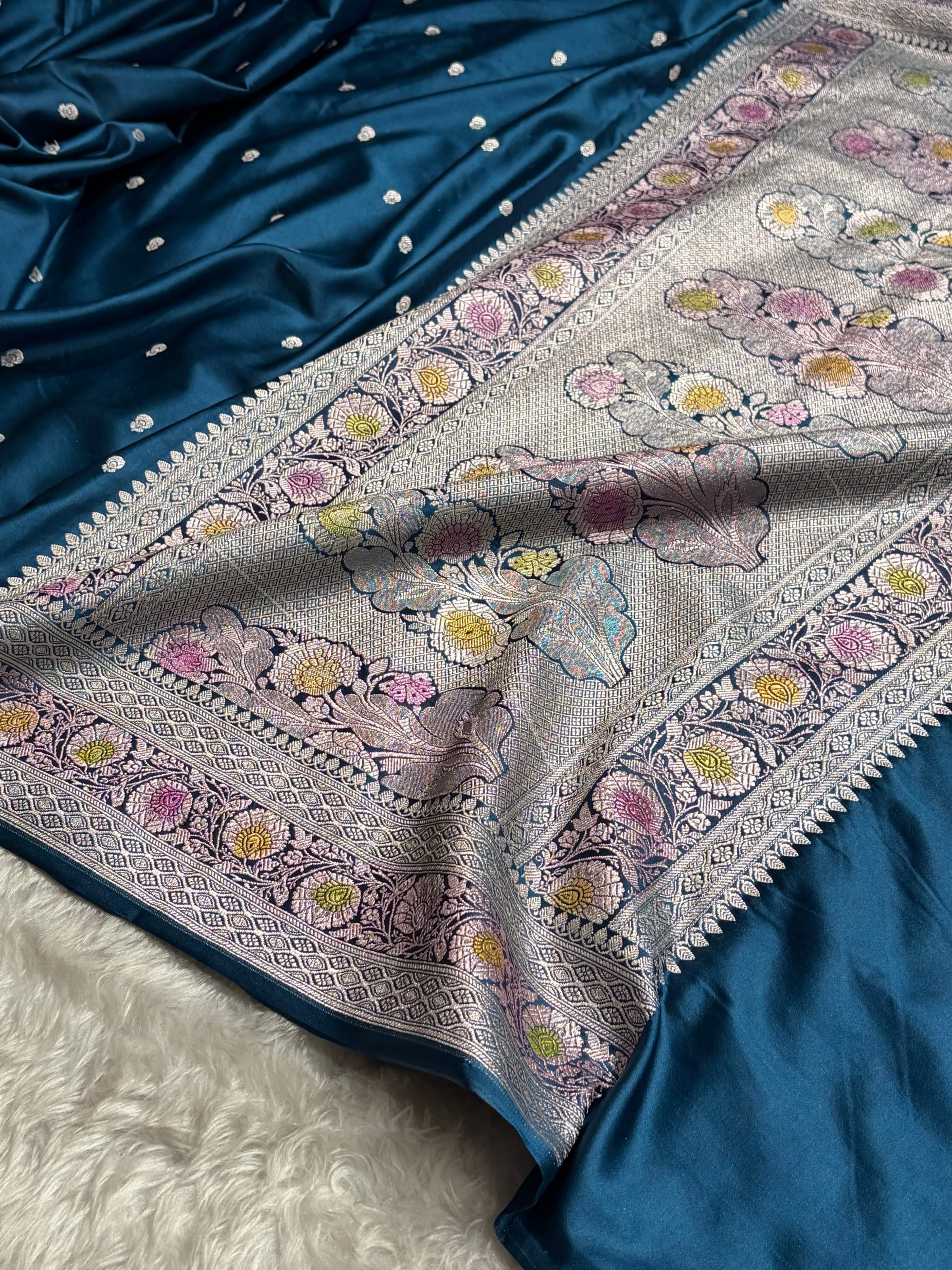 German Blue Shade With Minakari Booti Mashru Silk Saree