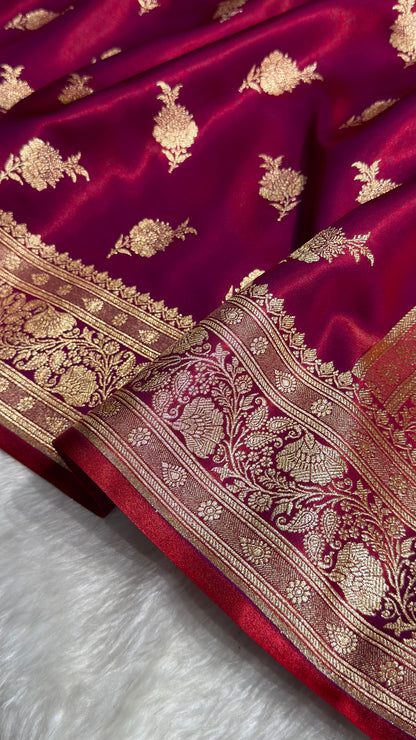 Satin Silk Saree Floral Boota in Magenta Red Shades In Nine Yards SSNY26