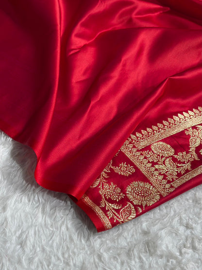 Cross Red Floral Pattern Satin Katan Silk Saree SK77