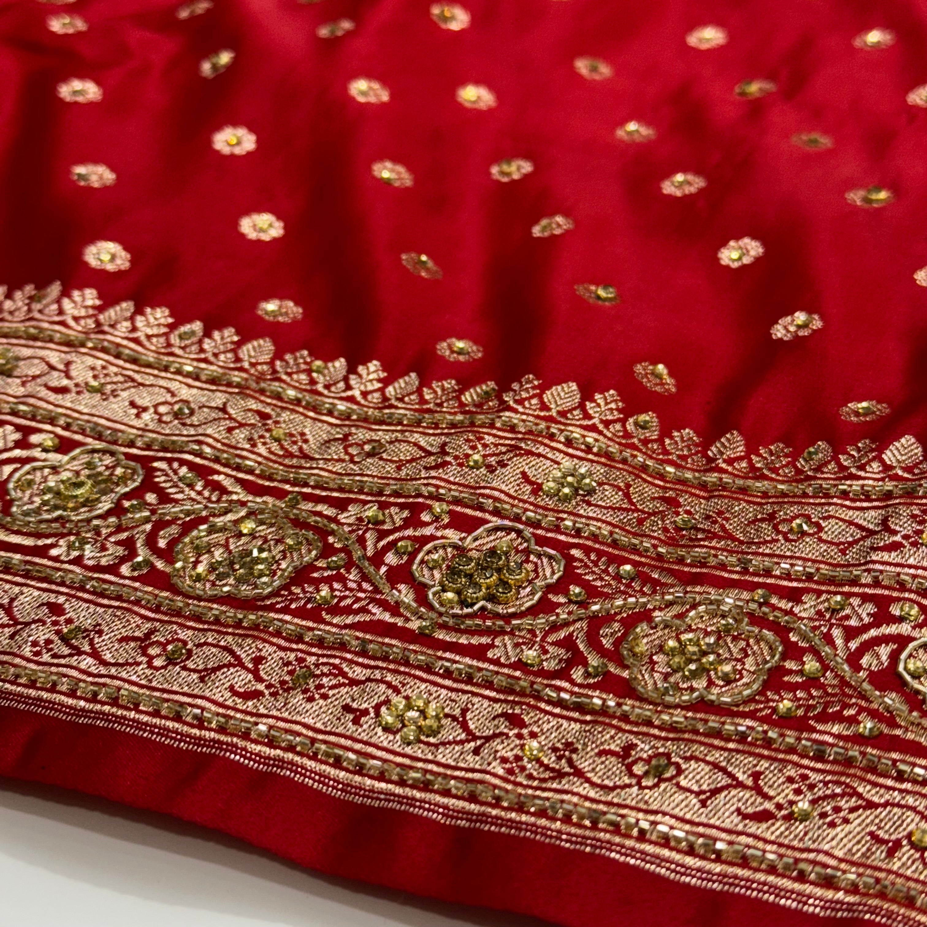 Bridal Red Katan Silk with Ari and Stone