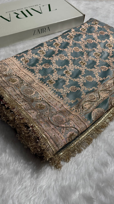 Dusty Turquoise Swavroski & Zardozi Work With Gotta Patti Jaal Pattern Satin Katan Silk Saree BSKGP25
