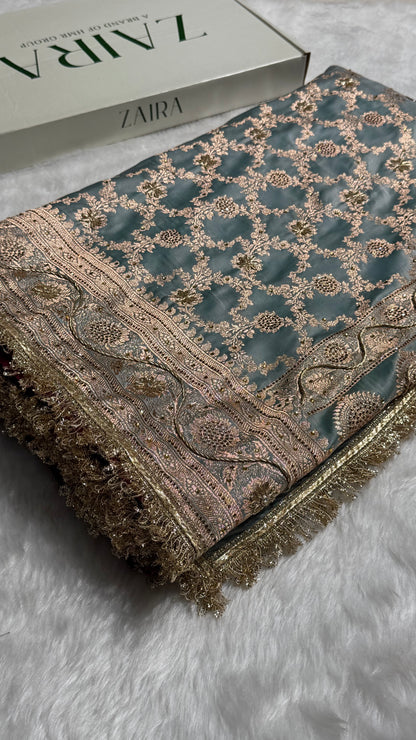 Dusty Turquoise Swavroski Work Jaal Pattern Satin Katan Silk Saree BSK25