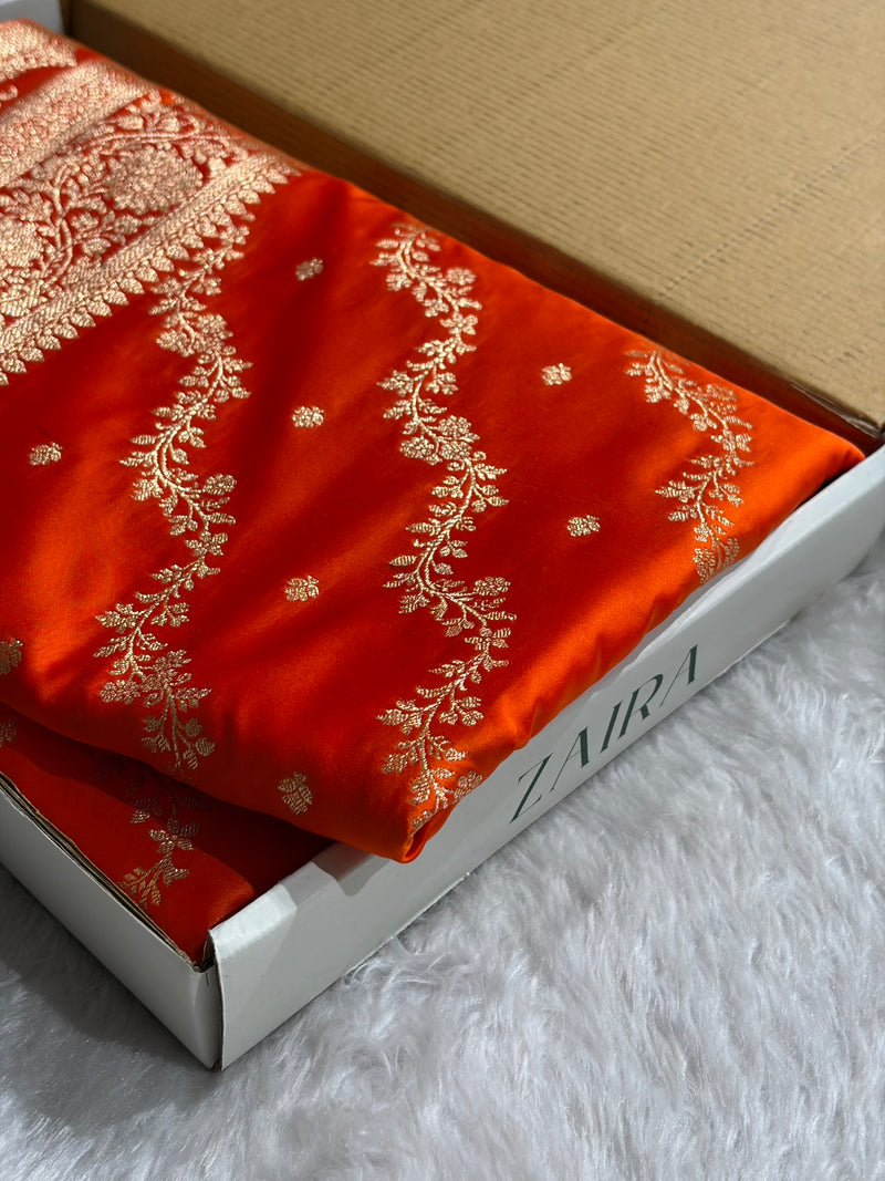 Banarasi Satin Katan Saree With Boota in Fanta Orange Shades SK108