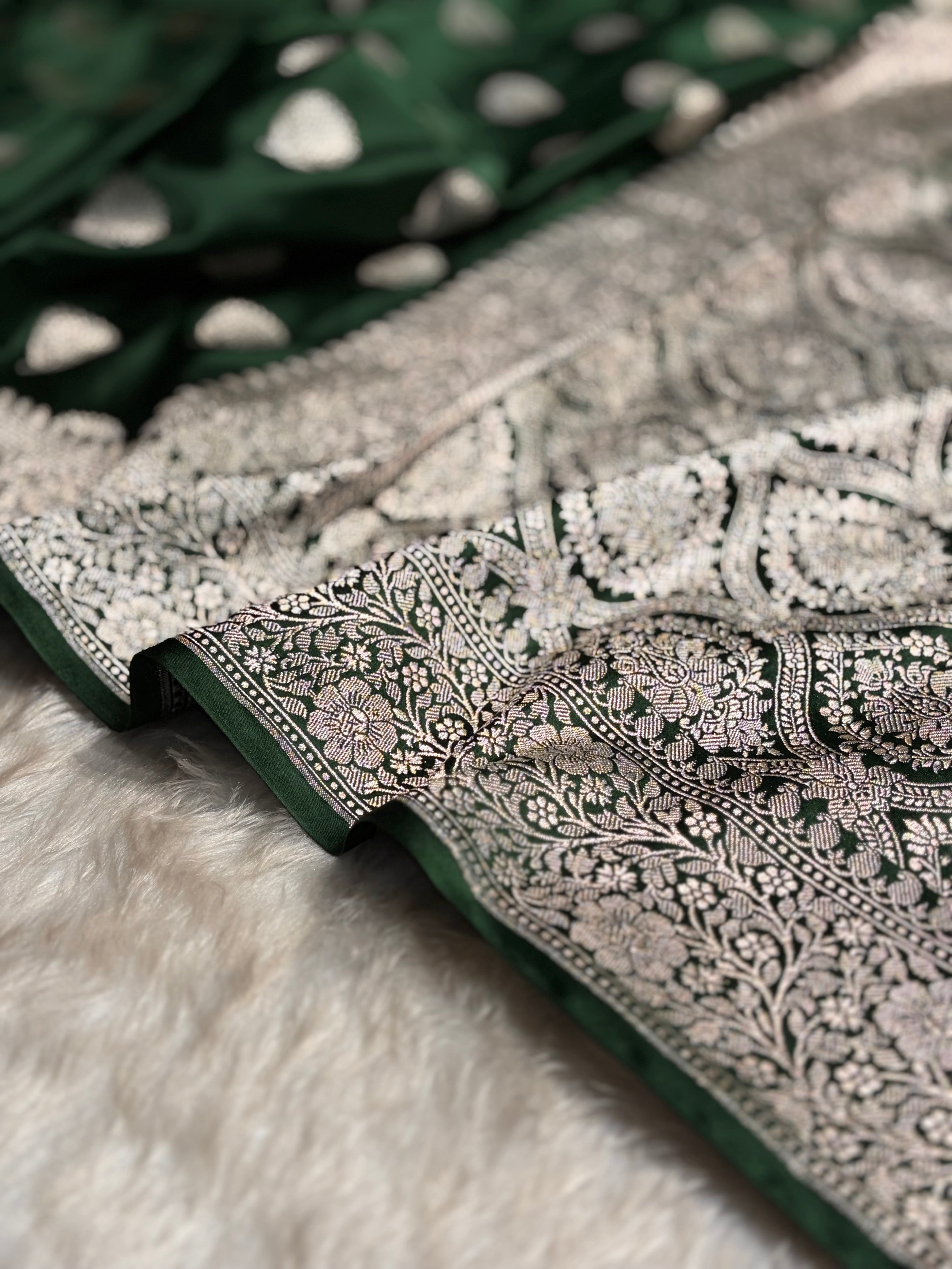 Bottle Green Tree Boota Minakari Mashru Silk Saree MS19