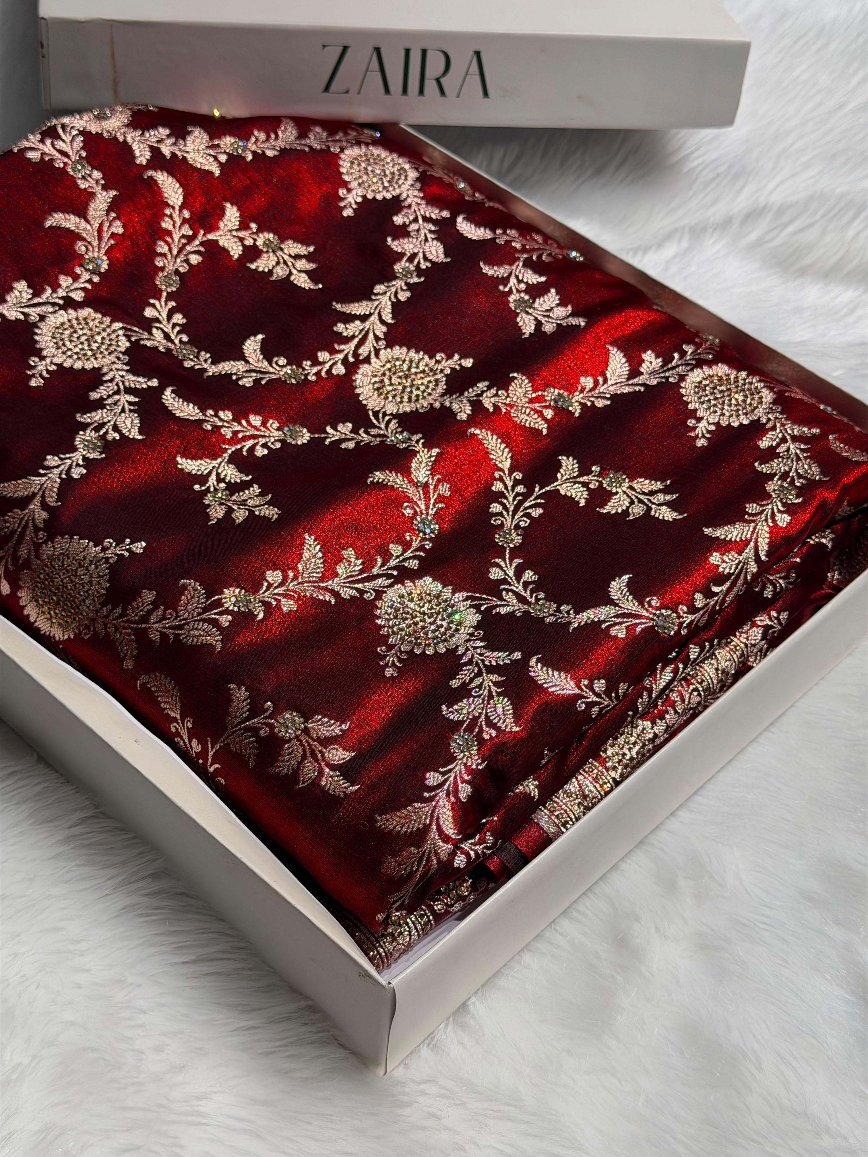 Light Weight Maroon Satin Silk Saree with Swarovski work BSS14