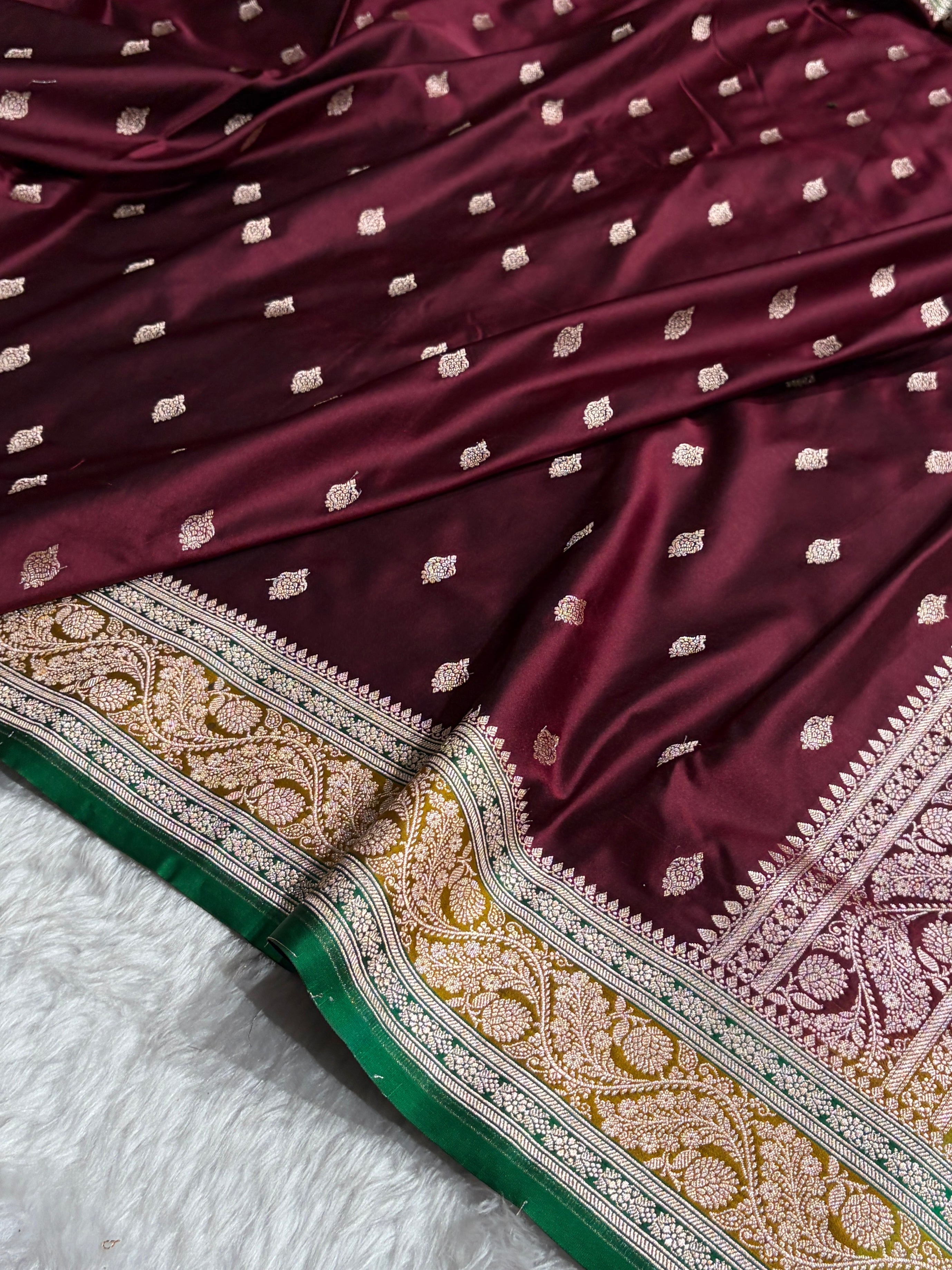 Banarasi Chocolate With Contrast Liril Green Floral Border Mashru Silk Saree MSM-101