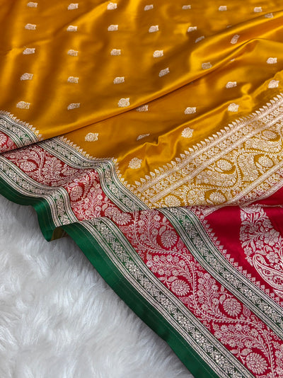 Banarasi Orange With Contrast Red Floral Border Mashru Silk Saree MSM-101