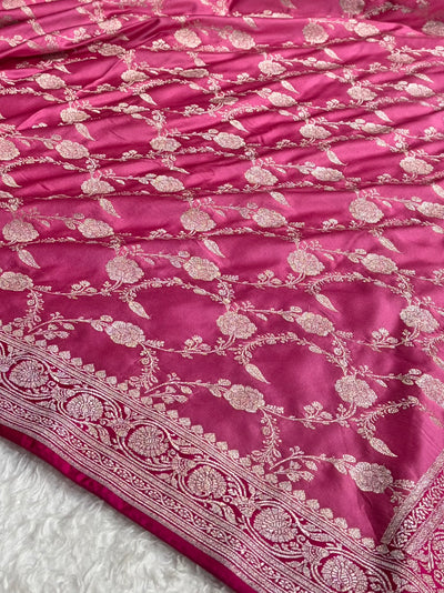 Contrast Baby Pink Shades Floral Jaal Pattern Mashru Silk Saree MCS76