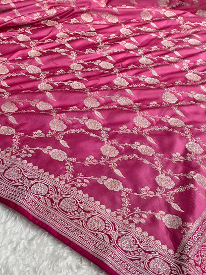 Contrast Baby Pink Shades Floral Jaal Pattern Mashru Silk Saree MS76