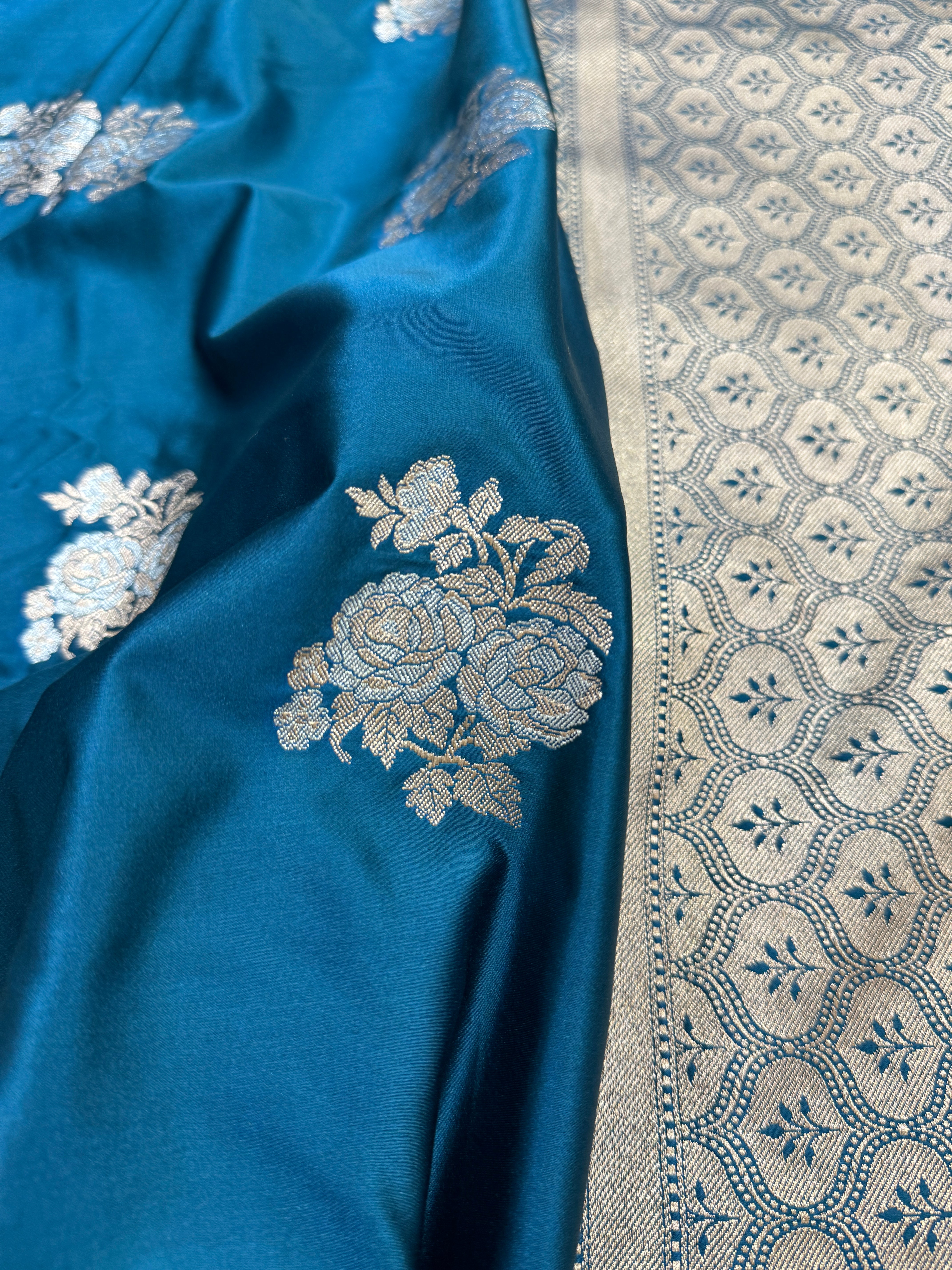 German Blue Sona Rupa Floral Motif Mashru Silk Saree