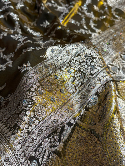 Light Weight Mehndi Gold Satin Silk Saree with Swarovski work BSS14
