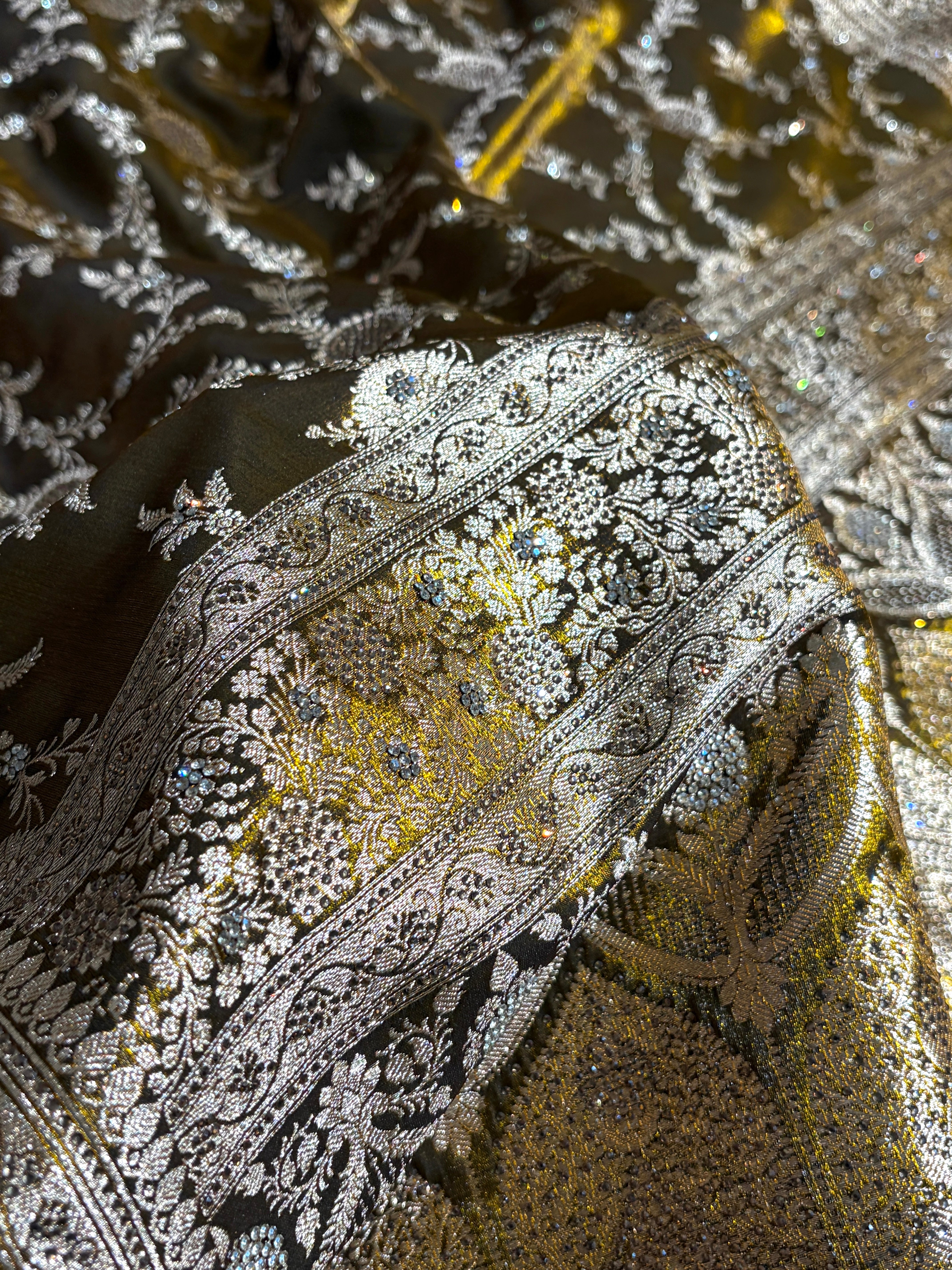 Light Weight Mehndi Gold Satin Silk Saree with Swarovski work BSS14