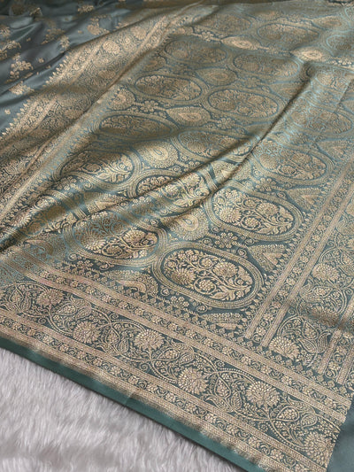 Banarasi Satin Katan Saree With Jaal Pattern in Pastel Grey Shades SK121