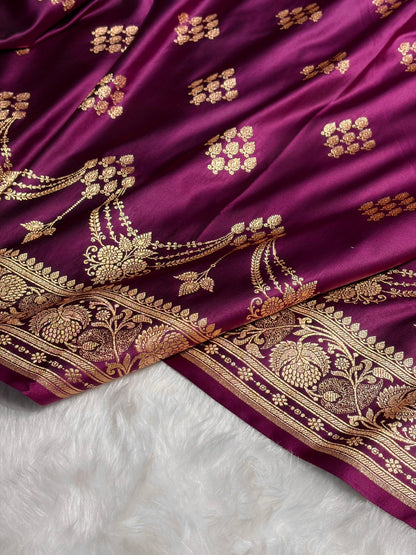 Wine Floral Boota Satin Katan Silk saree SK34