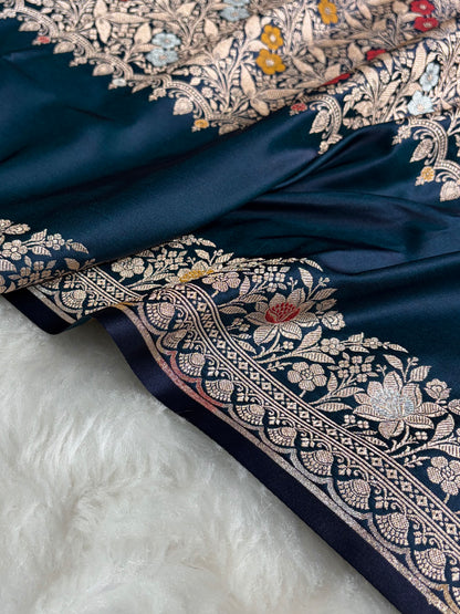 Dark Peacock Shades Banarasi Minakari Boota Skirt Pattern Floral Mashru Silk Saree MSM-116