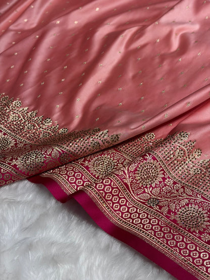 Baby Pink with Wine shades Swarovski Work Booti Satin Katan Silk saree BSK36