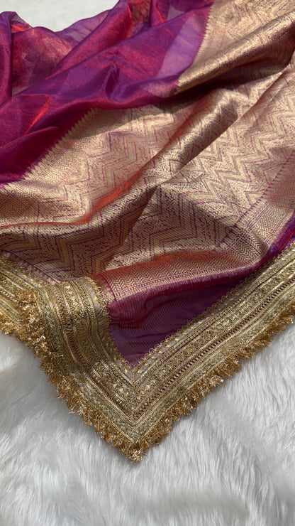 Semi Pure Tissue Silk Saree with Gotta Patti in Reddish Purple Shades TGP02