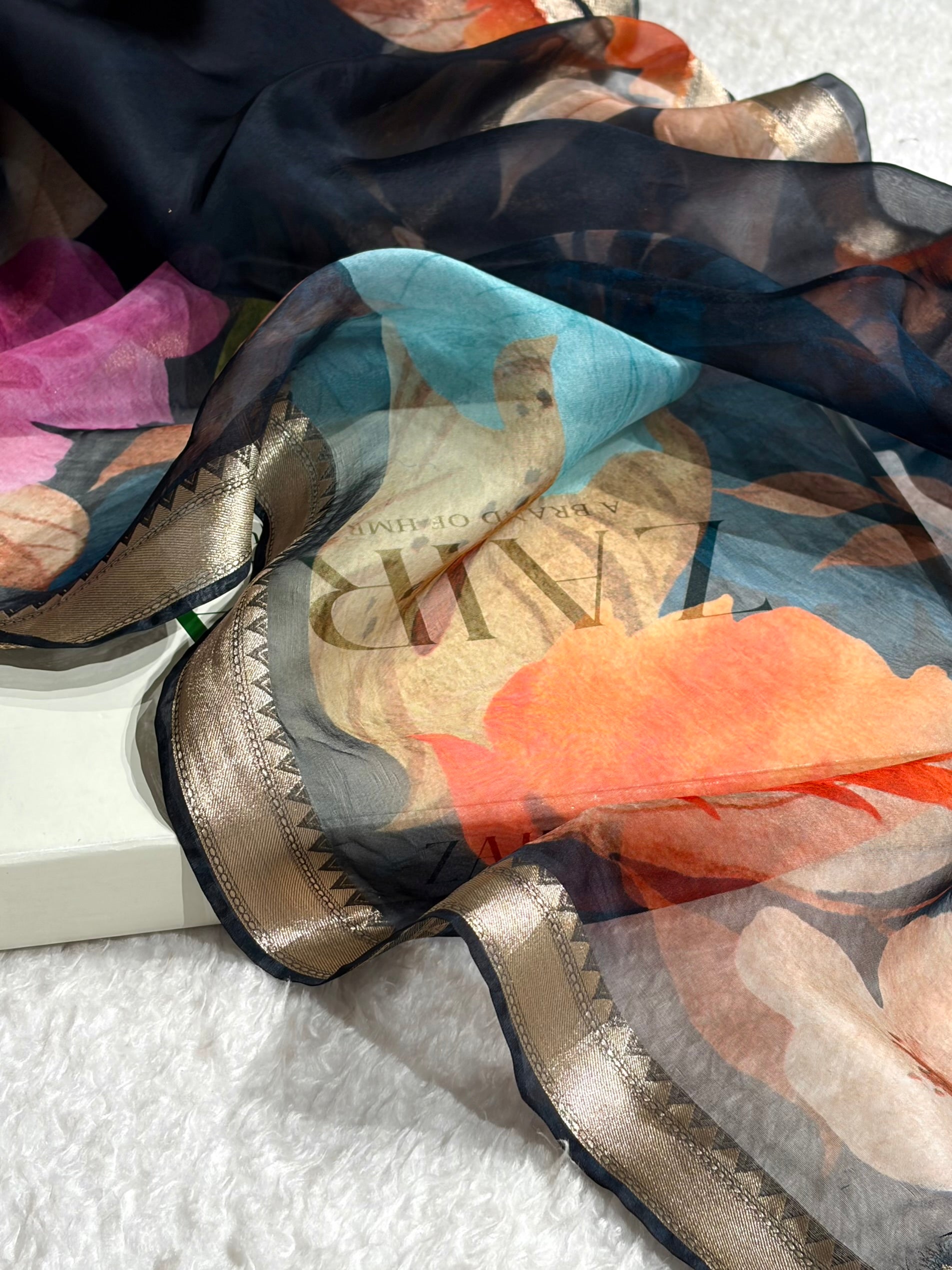 Organza with Pastel Multicolor Florals & Gold Zari Border POP14