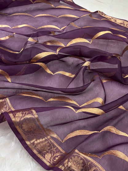 Pure Banarasi Organza Dark Wine Shades Floral Banarasi Silk Saree PO-21