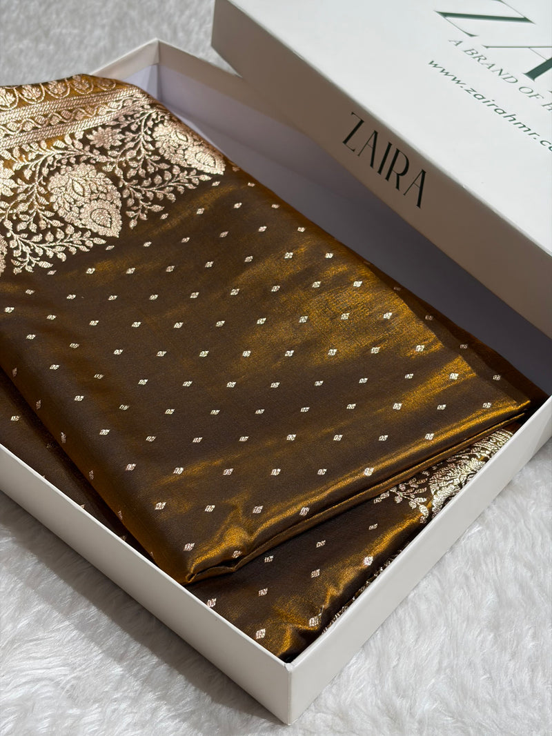 Satin Silk Saree Floral Boota in Mahendi Shades SS28