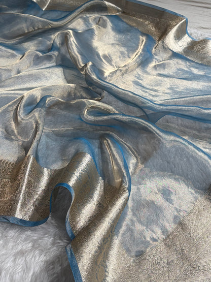 Pastel Blue Shades Pure Tissue Silk Saree with Brocade Blouse PT-08