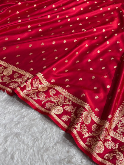 Cross Red Floral Pattern Satin Katan Silk Saree SK77