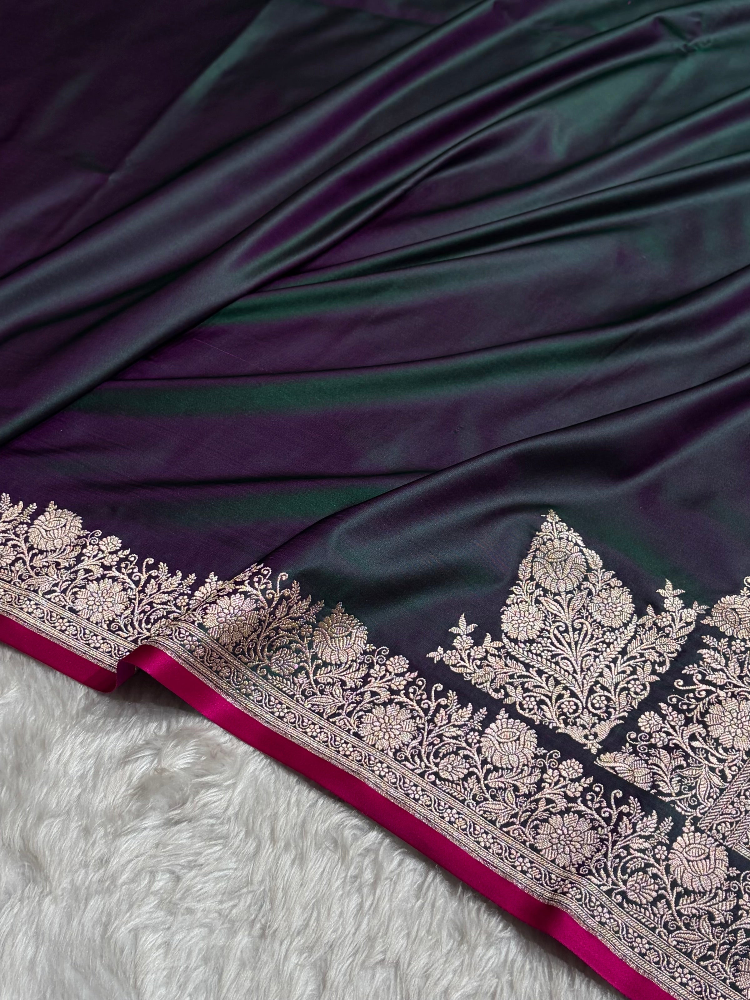 Cross Peacock Shade With Booti Pattern Mashru Silk Saree