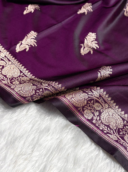 Dark Purple Boota With Floral Border Mashru Silk Saree MSM-89